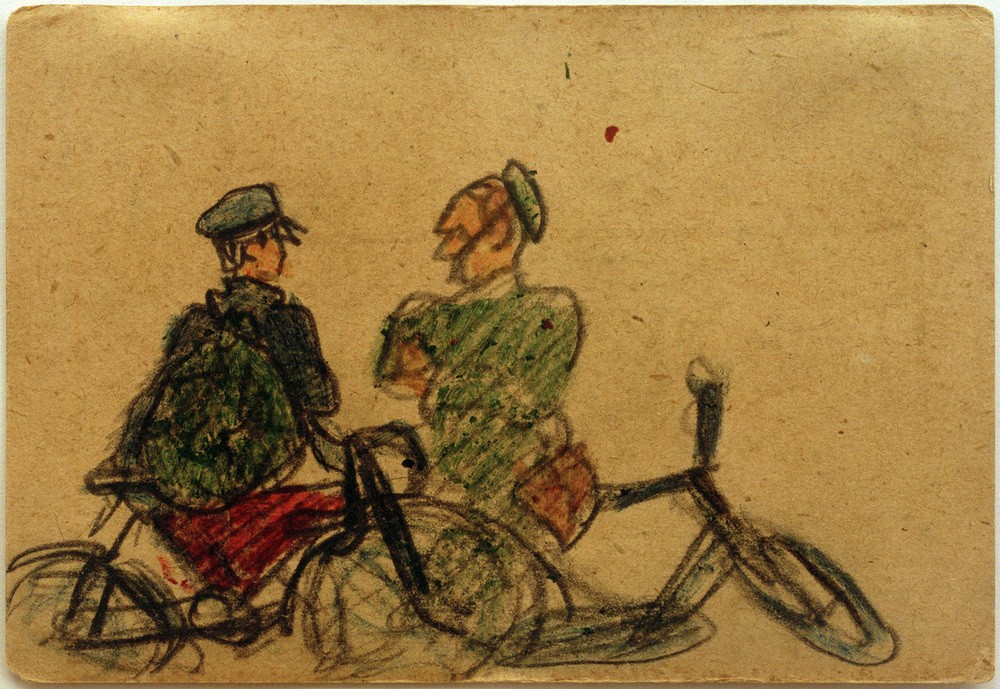 Laszlo Moholy-Nagy, Ohne Titel (Fahrradfahrer im Gespräch) (Fahrrad,Feldpost,Kopfbedeckung,Kunst,Mann,Postkarte,Verkehr,Uniform,Ungarische Kunst,Fahrradfahrer,Feldpostkarte,Unterhaltung (Gespräch))