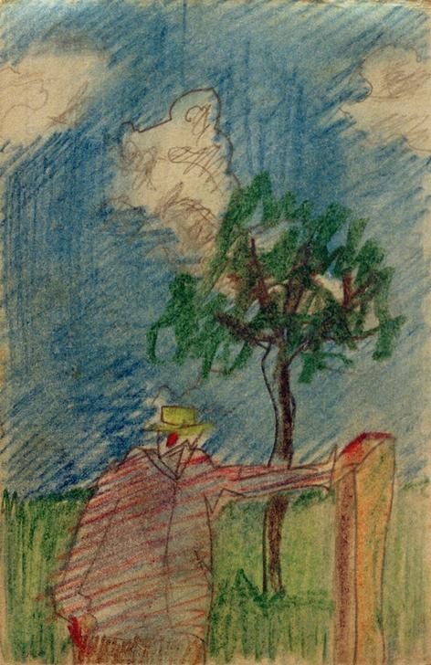 Laszlo Moholy-Nagy, Ohne Titel (Unter einem Baum stehender Mann) (Feldpost,Gespenst,Kunst,Landschaft,Mantel,Mann,Mensch,Postkarte,Hut,Dämon,Portrait,Baum,Ungarische Kunst,Kragen,Feldpostkarte,Kragen (Hochgeschlagen),Pfahl)