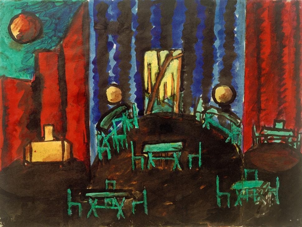 Laszlo Moholy-Nagy, Saal mit zwei Nischen (Bauhaus,Bühnenbild,Kunst,Literatur,Saal,Schriftsteller,Tisch,Bühne,Restaurant,Ungarische Kunst,Schauspiel,Entwurf,Cafe,Stuhl,Person)