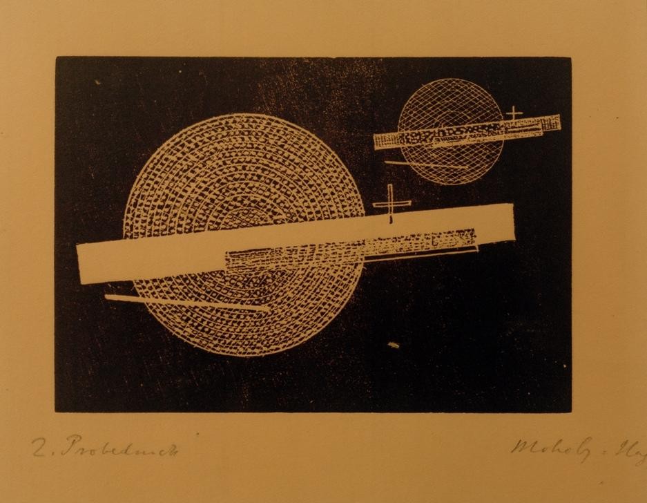 Laszlo Moholy-Nagy, Ohne Titel (Zwei Kreise mit Balken) (Bauhaus,Geometrie,Geometrisch,Abstrakte Kunst,Ungarische Kunst,Kreis,Form)