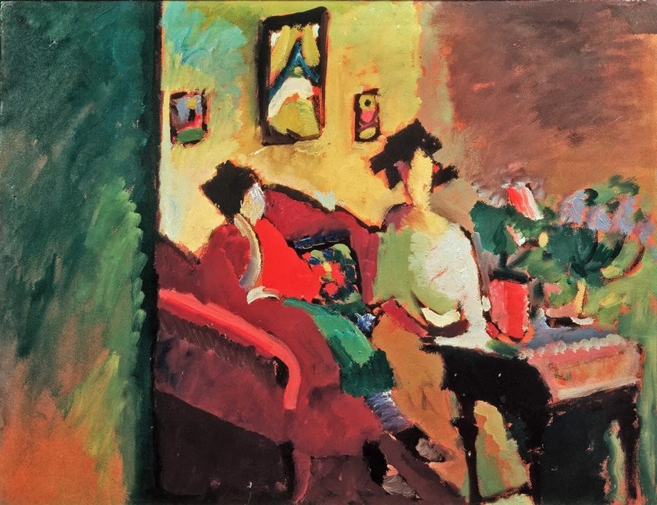 Wassily Kandinsky, Interieur (Mit Gabriele Münter und Marianne von Werefkin) (Architektur,Frau,Kunst,Wohnzimmer,Bild Im Bild,Expressionismus,Der Blaue Reiter,Abstrakte Kunst,Interieur,Russische Kunst,Sofa,Zimmerpflanze,Abstraktion,Farbigkeit,Unterhaltung (Gespräch),Farbe)