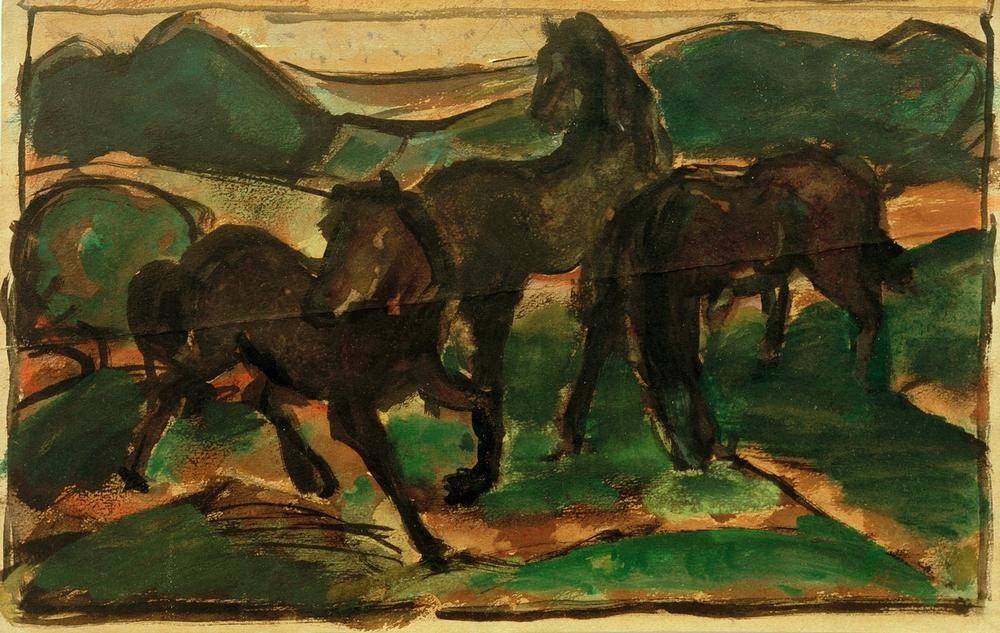 Franz Marc, Pferde auf der Weide I (Deutsche Kunst,Pferd (Tier),Pferdezucht,Weide,Zoologie,Expressionismus,Der Blaue Reiter,Tier)