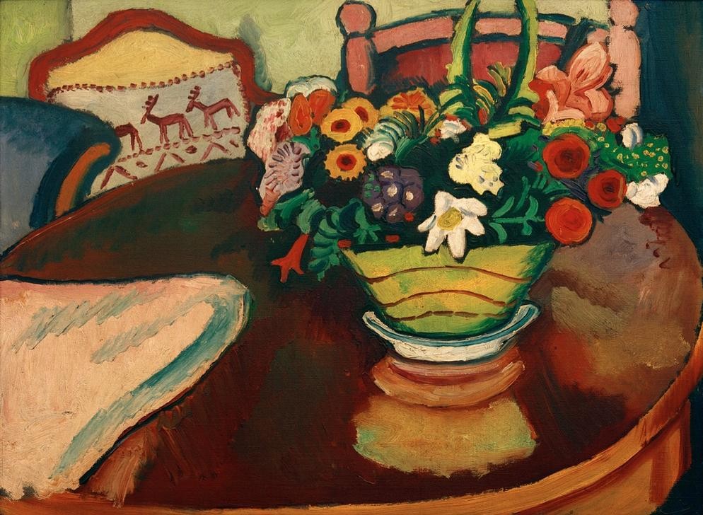 August Macke, Stilleben mit Hirschkissen und Strauß (Stillleben, Blumenkorb, Bouquet, Kissen, Vase,  Wohnzimmer, Treppenhaus, Esszimmer, Expressionismus, Klassische Moderne, Malerei, Wunschgröße, bunt)