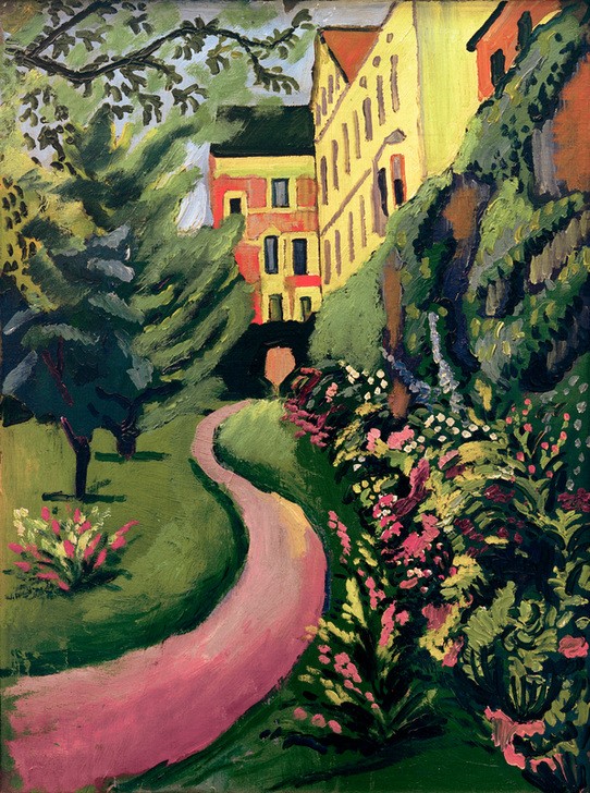August Macke, Unser Garten mit blühenden Rabatten (Wohnhaus, Garten, Gartenweg, Idylle, Blumen, Blüten,  Wohnzimmer, Treppenhaus, Expressionismus,  Klassische Moderne, Malerei, Wunschgröße, bunt)