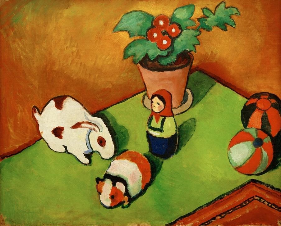 August Macke, Walterchens Spielsachen (Kinderspielzeug, Stillleben,  Stofftier, Hase, Holzpuppe, Matruschka, Meerschweinchen, Bälle, Zimmerpflanze, Blumentopf,  Wohnzimmer, Treppenhaus, Expressionismus,  Klassische Moderne, Malerei, Wunschgröße, bunt)