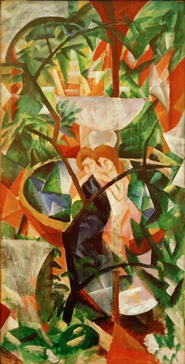 August Macke, Mädchen vor dem Springbrunnen (Park, Mädchen, Menschen, Brunnen, Pflanzen, Expressionismus, Wohnzimmer, Treppenhaus, Expressionismus,  Klassische Moderne, Malerei, Wunschgröße, bunt)