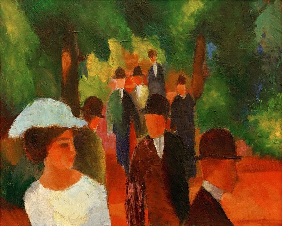 August Macke, Promenade (mit weißem Mädchen in Halbfigur) (Damenhut, Frau, Gesellschaft,  Menschen, Park, Spaziergänger, Fanieren, Wohnzimmer, Treppenhaus, Expressionismus,  Klassische Moderne, Malerei, Wunschgröße, bunt)