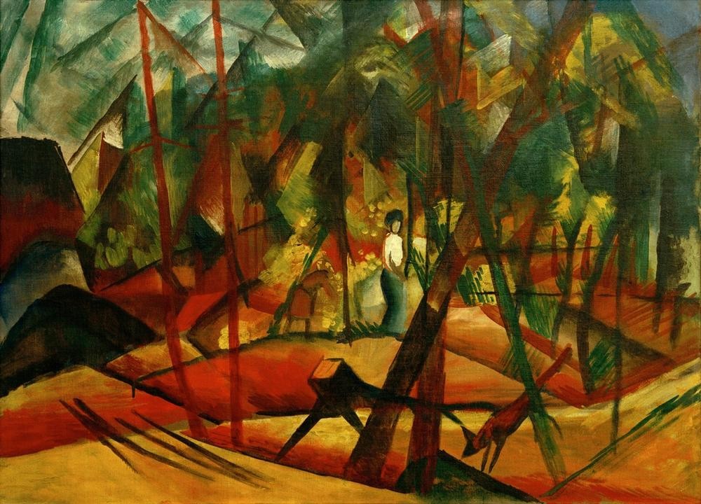 August Macke, Waldspaziergang (Waldspaziergang, Frau, Fuchs Landschaft, Wald, Wohnzimmer, Treppenhaus, Expressionismus,  Klassische Moderne, Malerei, Wunschgröße, bunt)