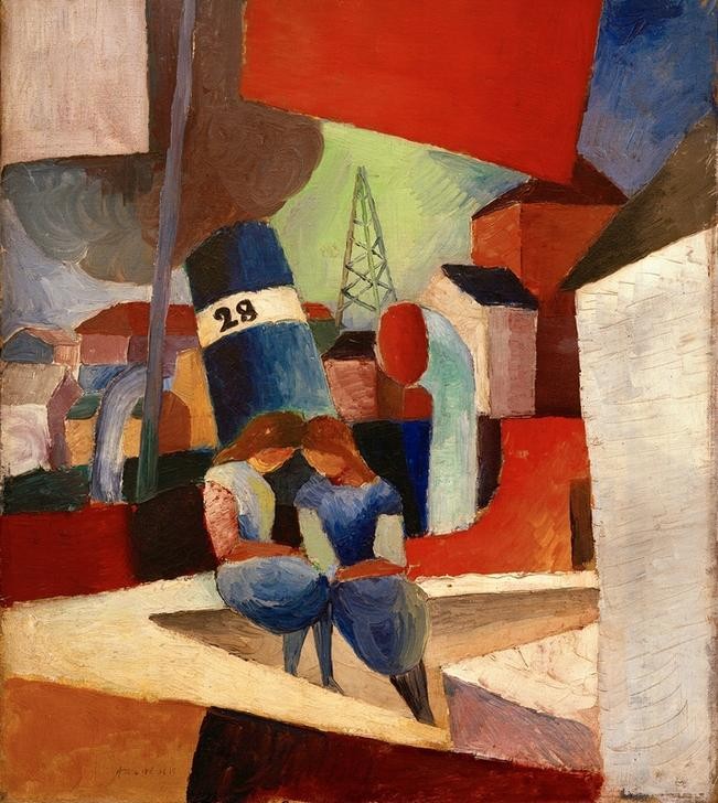 August Macke, Hafenbild mit Kindern auf der Mauer: Duisburger Hafen (Dampfer, Hafen, Gebäude, Kai, Mädchen, Vertraut, Gespräch, Schiff, Schornstein,  Wohnzimmer, Treppenhaus, Expressionismus,  Klassische Moderne, Malerei, Wunschgröße, bunt)