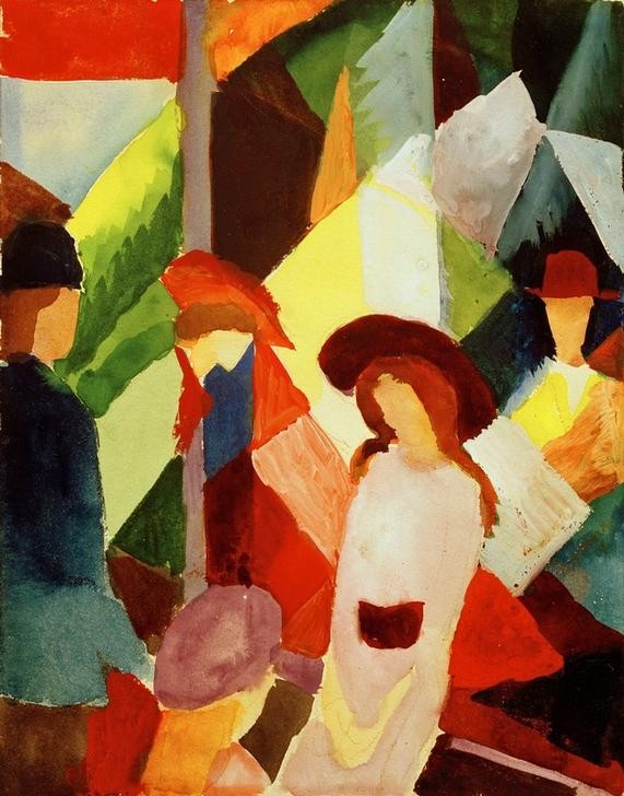 August Macke, Schaufenster (Einkauf, Shoppen, Schaufenster, Frau, Mann, Fussgänger, Einkaufsbummel, Passanten,  Wohnzimmer, Treppenhaus, Expressionismus,  Klassische Moderne, Malerei, Wunschgröße, bunt)