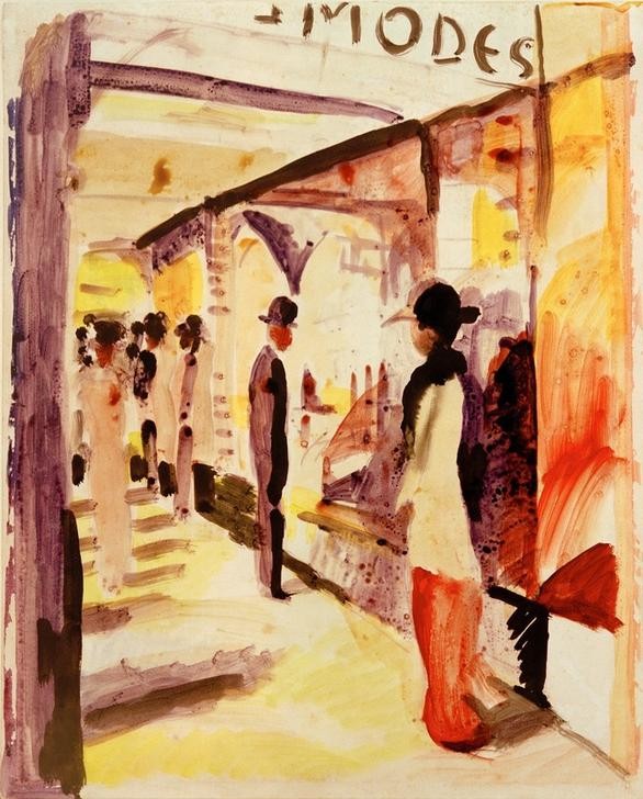 August Macke, Eine Ladenstraße unter Lauben (Wunschgröße, Malerei, Expressionismus, Stadt, Schaufenster, einkaufen, shoppen, Bekleidung, Mode, Auslagen,  Wohnzimmer, Treppenhaus,  Klassische Moderne, bunt)