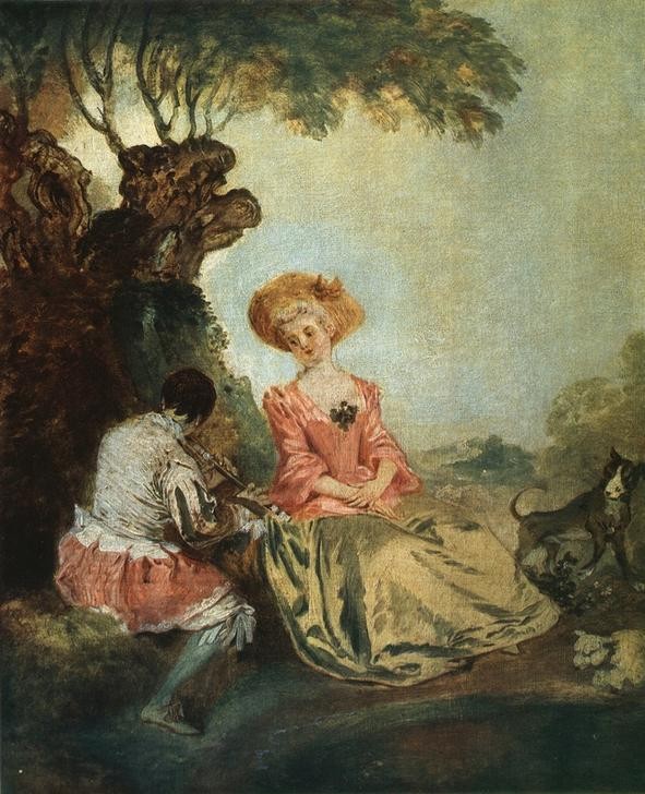 Jean-Antoine Watteau, Pastorale (Malerei, Klassiker, Landleben, Schäferstündchen, Liebepaar, Lust, Sommer, fêtes galantes, Rokoko, Wohnzimmer, Schlafzimmer, bunt)