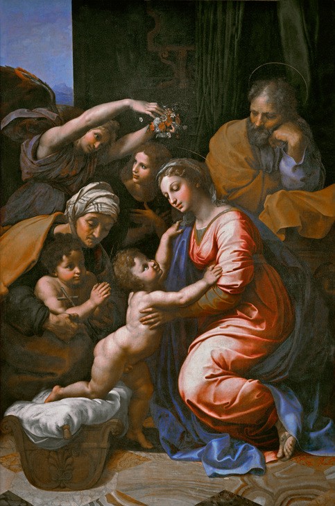 Raffael, Die Große Heilige Familie (Renaissance, Heilige Familie, Kinder, Jesus, Johannes,  Religion, Christentum, Klassiker, Schlafzimmer, Wohnzimmer, Malerei, Wunschgröße, bunt)