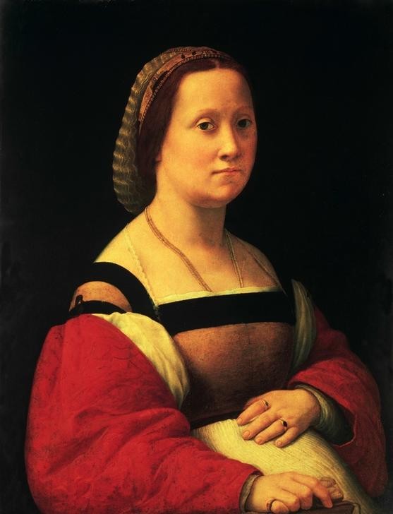 Raffael, Weibliches Bildnis (Damenmode,Frau,Jugend (Lebensalter),Mode,Schmuck,Schwangerschaft,Renaissance,Portrait,Italienische Kunst,Haarschmuck,Fingerring,Ärmel,Junge Frau,Halbfigur)