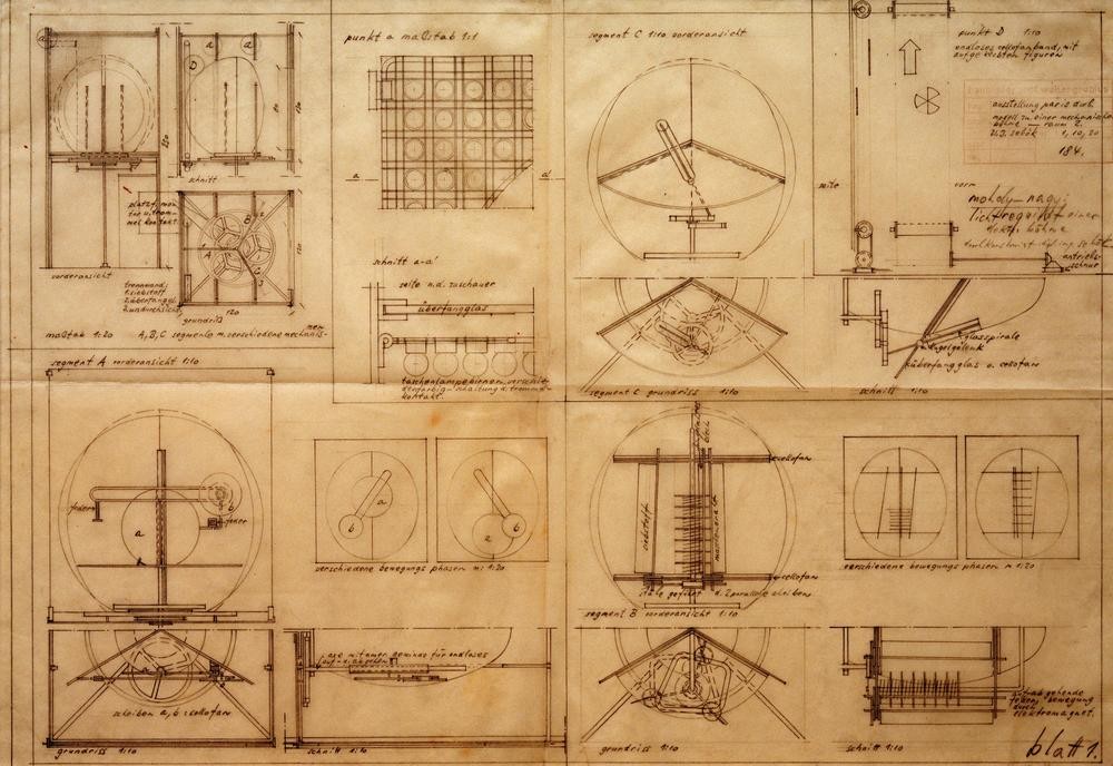 Laszlo Moholy-Nagy, Lichtrequisit einer elektrischen Bühne (Bauhaus,Bühnenbild,Licht Und Beleuchtung,Optik,Theater,Bühne,Technik,Requisiten,Konstruktionszeichnung)