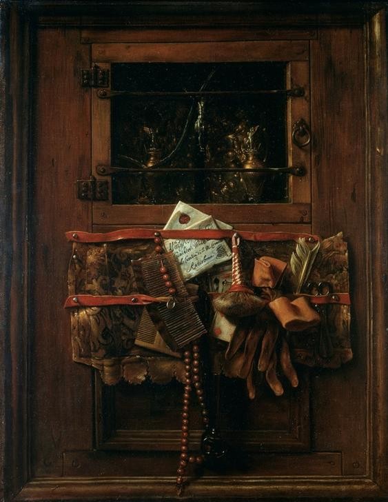 Samuel van Hoogstraten, Stilleben mit Brief (Brief,Haarpflege,Barock,Stillleben,Trompe L'oeil,Rembrandtschule,Kamm,Niederländische Kunst,Alltagskultur,Troddel,Pinnwand,Briefhalter)