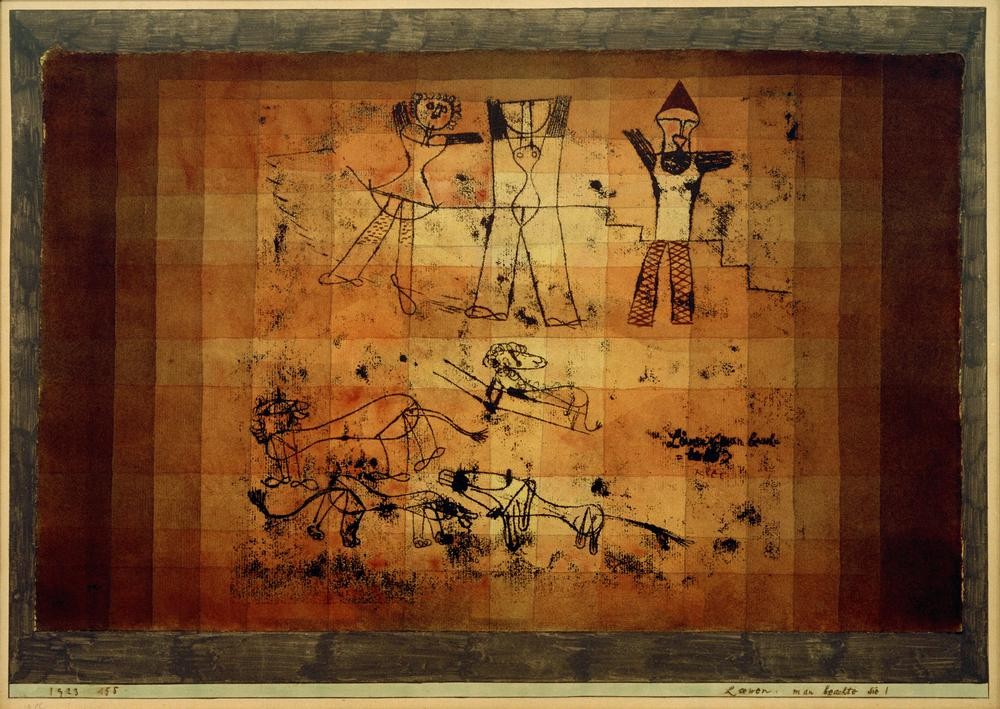 Paul Klee, Löwen, man beachte sie! (Bauhaus, Frau, Mann, Löwe Abstraktion, Mensch und Tier, Klassische Moderne, Wunschgröße, Wohnzimmer, Treppenhaus, braun)