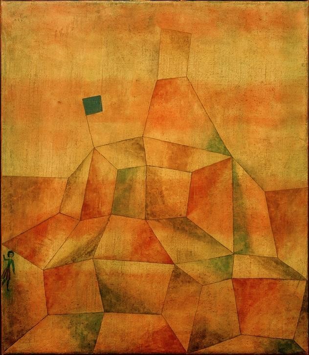 Paul Klee, Burghügel (Burg, Flagge, Fahne, geometrische Muster, Rechtecke, Landschaft, Felsen, Hügel, Abstraktion, Berg, Klassische Moderne, Wunschgröße, Wohnzimmer, Treppenhaus, bunt)