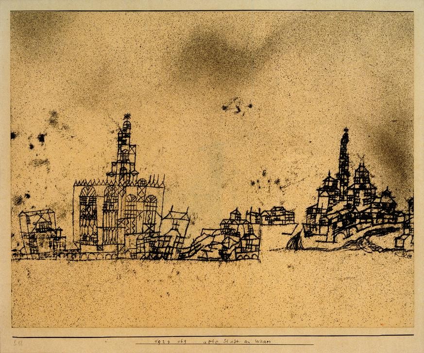 Paul Klee, Alte Stadt am Wasser (Architektur,  Stadt, Gebäude, Zeichnung, Skizze, Architekturdarstellung,   Klassische Moderne, Wunschgröße, Wohnzimmer, Treppenhaus, bunt)