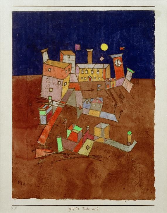Paul Klee, Partie aus G. (Häuser, Gebäude, Landschaft, Mond, Stadt, Nacht, Stadtansicht, Turmuhr, Abstraktion, Klassische Moderne, Wunschgröße, Wohnzimmer, Treppenhaus, bunt)