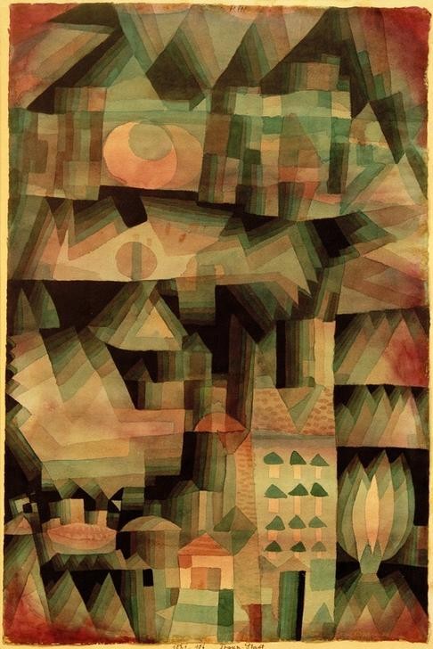 Paul Klee, Traum-Stadt (Architektur, Gebäude, Häuser,   Wohnhaus, diffus, unscharf, Architekturdarstellung,  Abstraktion, Klassische Moderne, Wunschgröße, Wohnzimmer, Treppenhaus, bunt)