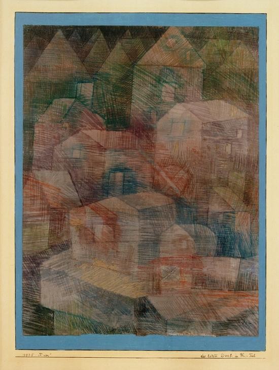 Paul Klee, Das letzte Dorf im Ph.–Tal (Architektur, Gebäude, Häuser,   Wohnhaus, diffus, unscharf, Architekturdarstellung,  Abstraktion,Schraffur, Klassische Moderne, Wunschgröße, Wohnzimmer, Treppenhaus, bunt)