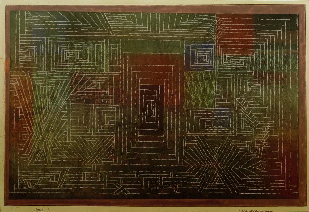 Paul Klee, Schloss im Wald zu bauen (Architektur, Geometrie, Bauwerk, Konstruktion, Grundriss, Entwurf, Schloss, Wald, Geometrisch, Linien, Abstrakte Kunst, Klassische Moderne, Wunschgröße, Wohnzimmer, Treppenhaus, bunt)