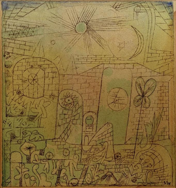 Paul Klee, Frühlings-Sonne (Jahreszeiten, Gebäude, Mauer, Architektur, Sonne, Frühling, Architekturdarstellung, Wachstum, Blüten, Blumen, abstrahiert, Skizze, Zwichnung, Klassische Moderne, Wunschgröße, Wohnzimmer, Treppenhaus)