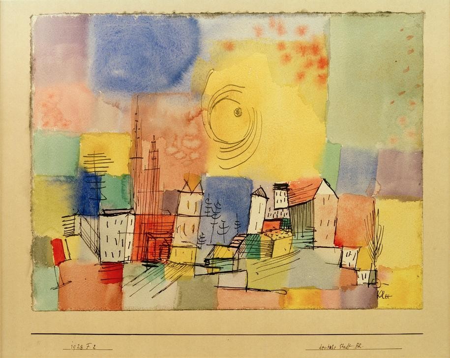 Paul Klee, Deutsche Stadt BR (Stadtansicht, Stadt, Sonne, Architektur, Gebäude, abstrakte Malerei, Klassische Moderne, Wunschgröße, Wohnzimmer, Treppenhaus, bunt)