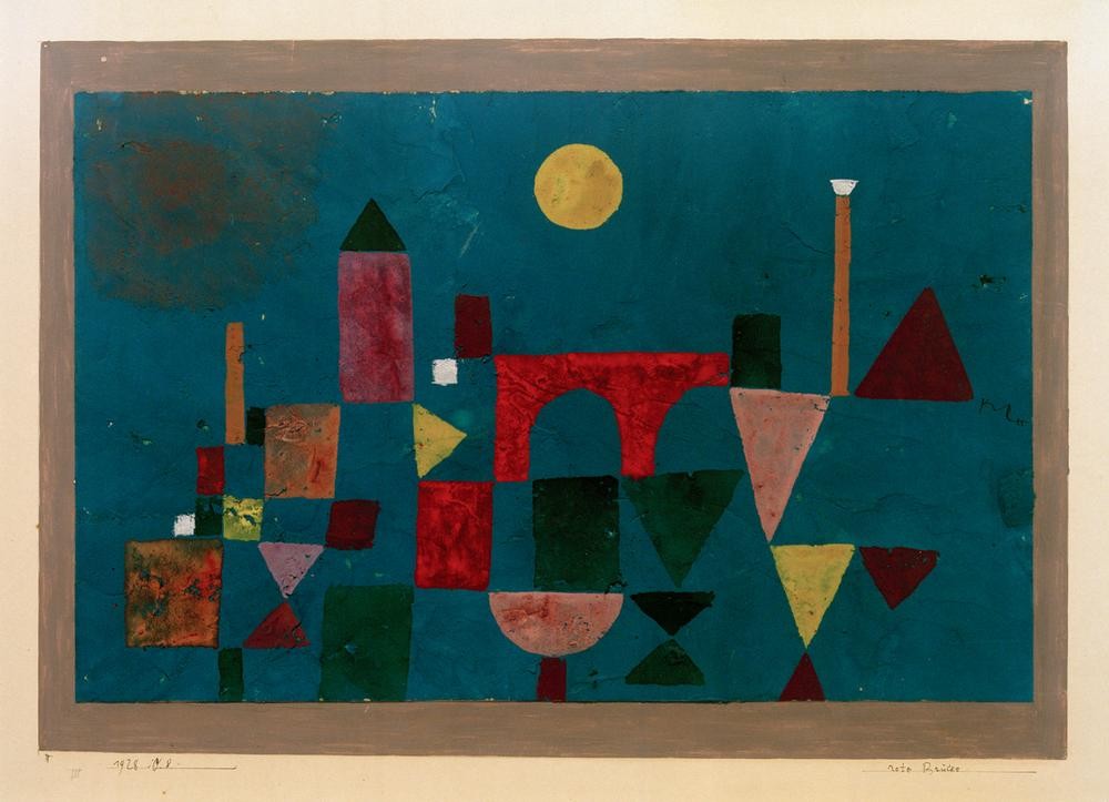 Paul Klee, Rote Brücke (Brücke, Konstruktion, Architektur, Geometrische Formen, Stadt, Abstrakte Kunst, Bauklötze, Klassische Moderne, Wunschgröße, Wohnzimmer, Treppenhaus, bunt)