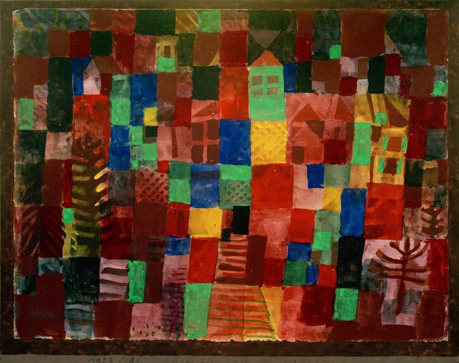 Paul Klee, Häuser mit Treppenweg (Bauhaus,Haus,Kunst,Stadt,Treppe,Baum,Abstrakte Kunst,Architekturdarstellung,Schweizerische Kunst,Abstraktion,Viereck)