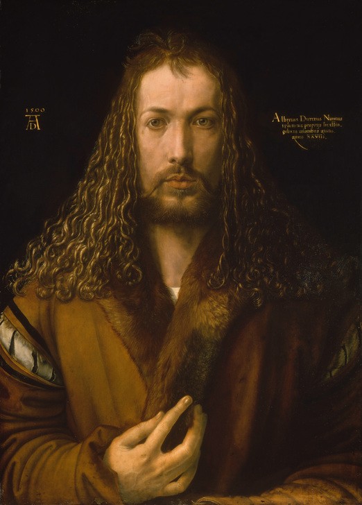 Albrecht Dürer, Selbstbildnis (Deutsche Kunst,Grafiker,Haarmode,Künstler,Kupferstecher,Maler (Künstler),Mann,Mode,Pelz,Bart,Selbstbildnis,Renaissance,Hand,Portrait,Pelzkragen,Haare (Haar),Locke,Person,Holzschneider,Frisur)