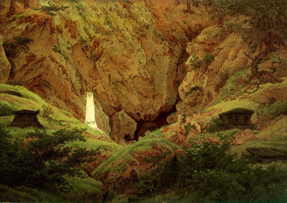 Caspar David Friedrich, Grabmale alter Helden (Deutsche Kunst,Geschichte,Grab,Grabmal,Landschaft,Befreiungskriege,Obelisk,Höhle,Sarkophag,Romantik,Gefallenendenkmal)