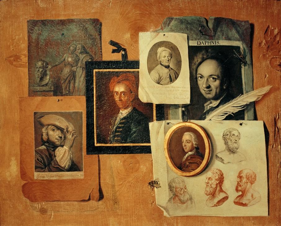 Johann Caspar Füssli d. Ä., Quodlibet mit Bildnissen (Künstler,Kunst,Maler (Künstler),Mann,Selbstbildnis,Rokoko,Bild Im Bild,Insekt,Portrait,Feder,Trompe L'oeil,Schweizerische Kunst,Biene,Tier,Kopf,Wespe,Brustbild,Quodlibet,Person)
