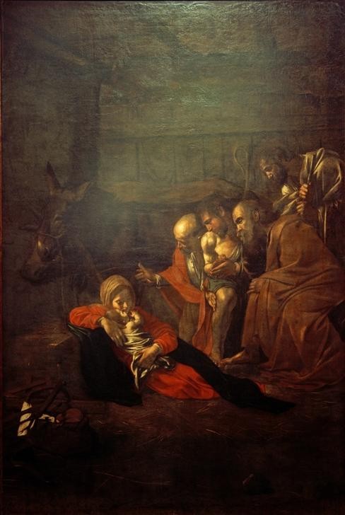 Caravaggio, Anbetung der Hirten (Anbetung, Heilige Familie, Stall, Ochs und Esel, Hirten, Passion Christi, Religion, Christentum,  Neues Testament, Bibel, Hell-Dunkel, Barock, Klassiker, Malerei, Wunschgröße, Wohnzimmer)
