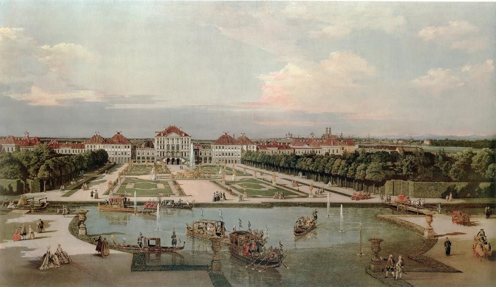 Bernardo Bellotto, Schloß Nymphenburg von der Parkseite (München, Architektur, Gartenlandschaft, Schloss, Bootspartie, Schlosspark, Barockgarten, See, Barock, Rokoko, Höfische Gesellschaft, Mensch und Gesellschaft, historisch, Rokoko, Malerei, Wohnzimmer, Wunschgröße, Klassiker, bunt)