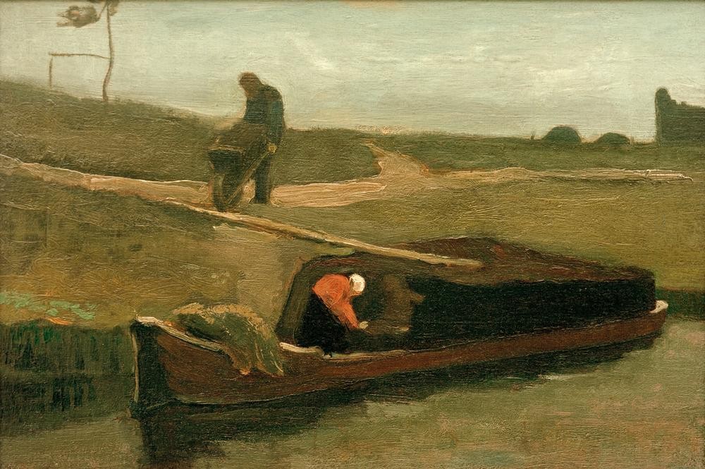 Vincent van Gogh, Torfboot mit zwei Figuren (Arbeit, Boot, Kahn, Landschaft, Mensch,Torf und Moorkultur,  Moor, Schubkarre,  Klassische Moderne, Impressionismus, Wohnzimmer, Treppenhaus, Wunschgröße, bunt)