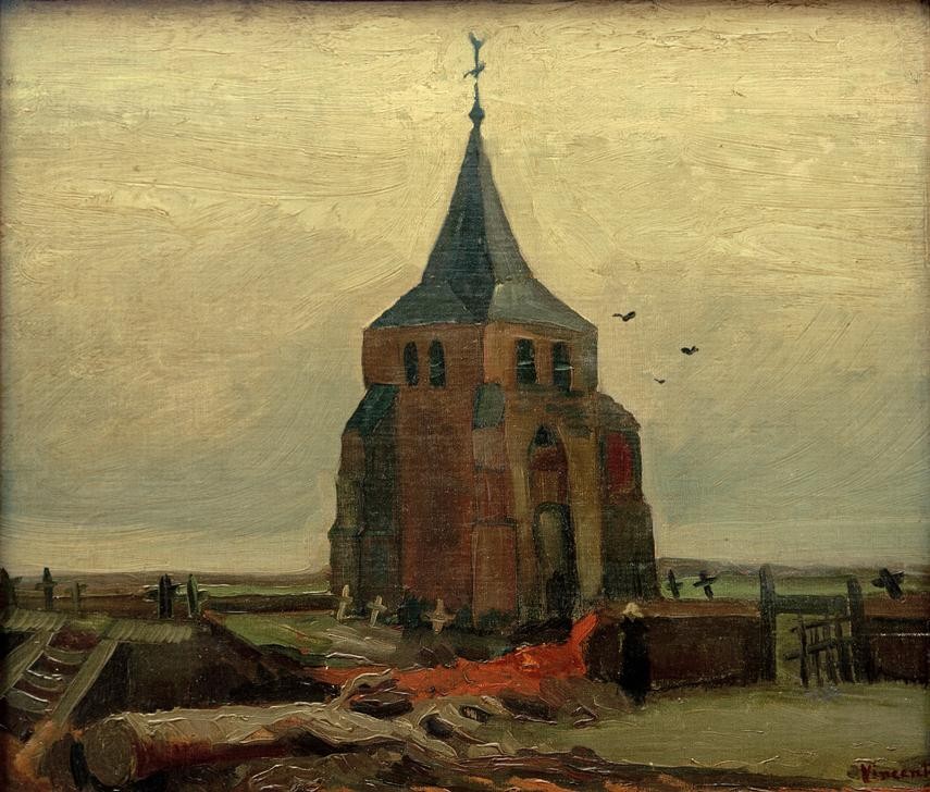 Vincent van Gogh, Der alte Turm auf dem Kirchhof zu Nuenen (Friedhof, Kirche,  Ruine, Turm, Architekturdarstellung,  Klassische Moderne, Impressionismus, Wohnzimmer, Treppenhaus, Wunschgröße, bunt)