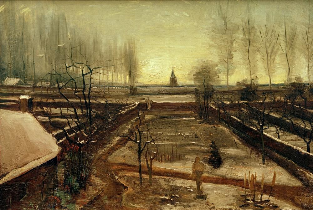 Vincent van Gogh, Der Pfarrgarten in Nuenen im Schnee (Garten, Winter, Jahreszeiten, Landschaften, Schnee, Hausgarten, Kirchturm, Klassische Moderne, Impressionismus, Wohnzimmer, Treppenhaus, Wunschgröße, bunt)