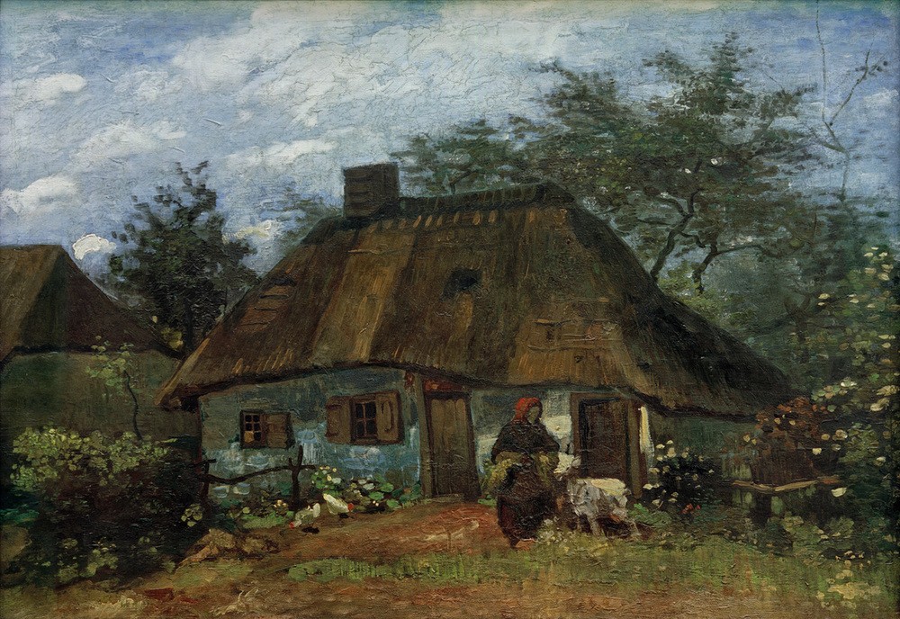 Vincent van Gogh, Bauernhaus und Frau mit Ziege (Bauernhaus, Bauernhof, Dorf, Frau, Landschaft, Ziege, Bäuerin, Landleben, Menschen,  Klassische Moderne, Impressionismus, Wohnzimmer, Treppenhaus, Wunschgröße, bunt)