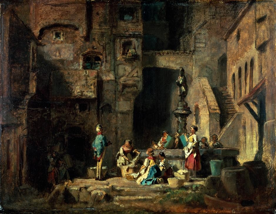 Carl Spitzweg, Wäscherinnen am Brunnen (Deutsche Kunst,Brunnen,Biedermeier,Waschen,Kleinstadt,Frauenleben,Obrigkeit,Baufälligkeit,Wäscherin)