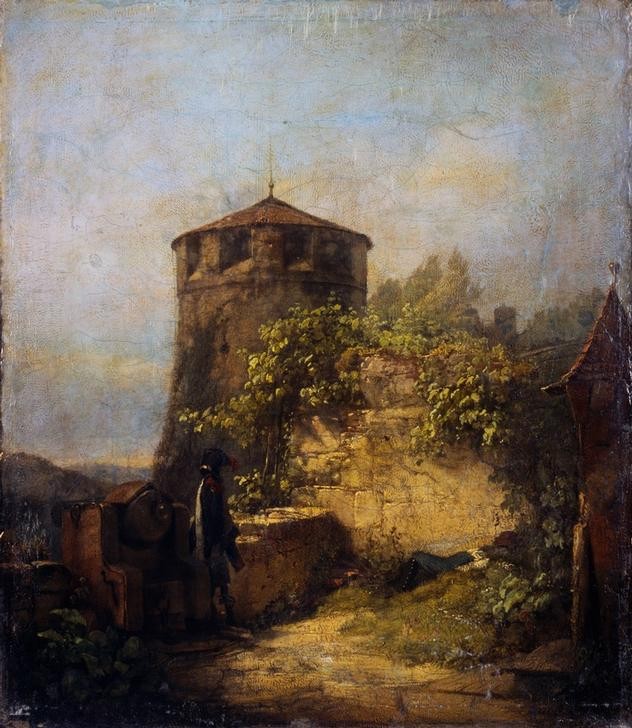 Carl Spitzweg, Schlafender Wachtposten (Deutsche Kunst,Kanone,Militär,Biedermeier,Wachtposten,Dienstvergehen,Wachtturm,Schlafen (Schlaf))