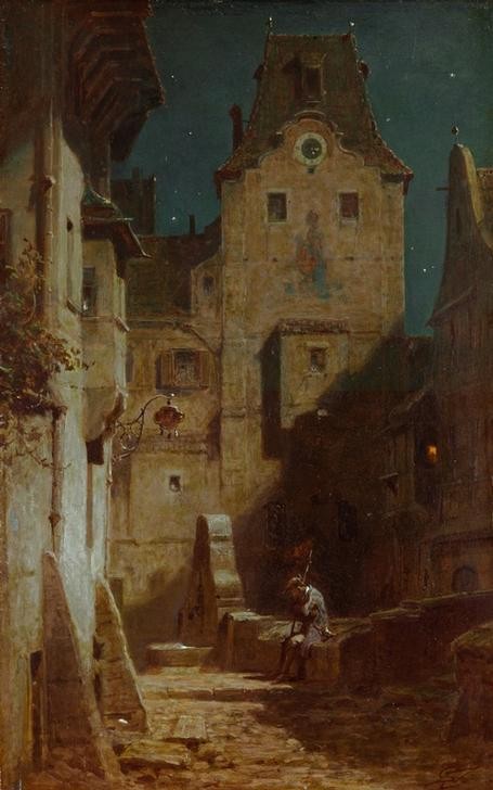 Carl Spitzweg, Der eingeschlafene Nachtwächter (Architektur,Deutsche Kunst,Nachtwächter,Strasse (Allgemein),Turm,Wohnhaus (Allgemein),Brunnen,Nacht,Fassade,Kleinstadt,Dienstvergehen,Turmuhr,Heile Welt,Strasse (Unbefestigt),Schlafen (Schlaf),Schild (Information),Gewerbe)