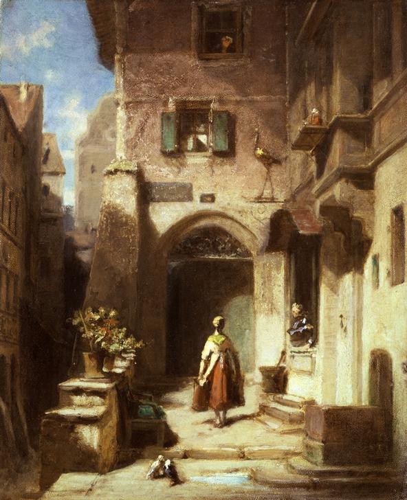 Carl Spitzweg, Bei der Storchenapotheke (Apotheke,Architektur,Deutsche Kunst,Kleinstadt,Rückenfigur,Dienstmädchen,Gasse,Aussenansicht,Lastträgerin)