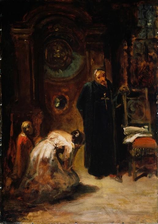 Carl Spitzweg, Die Beichte (Beichte,Christentum,Deutsche Kunst,Katholische Kirche,Priester,Religion,Sakramente,Sünde,Reue,Ritus)