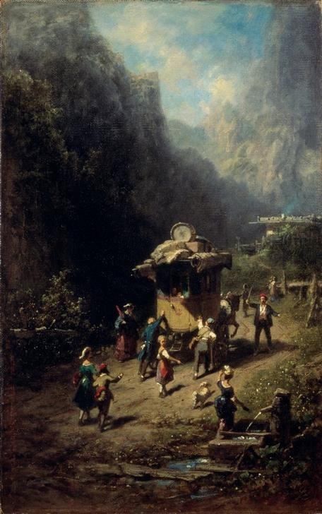 Carl Spitzweg, Reisende Künstlergesellschaft (Deutsche Kunst,Fahrendes Volk,Pferdewagen,Verkehr,Begrüssung,Wohnwagen,Reise,Unterwegs,Reisewagen)