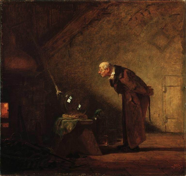 Carl Spitzweg, Der Alchimist (Alchemie,Chemie,Destillation,Deutsche Kunst,Experiment,Gelehrter,Alchemist,Labor,Mode,Alter,Biedermeier,Hausmantel,Hobby,Dachkammer,Zufriedenheit,Glaskugel)