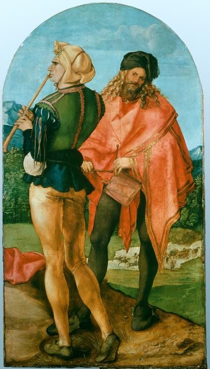 Albrecht Dürer, Pfeifer und Trommler (Deutsche Kunst,Herrenmode,Künstler,Musik,Teilansicht,Altar,Selbstbildnis,Instrument,Renaissance,Strassenmusikant,Portrait,Jabach-Altar,Musikant,Strumpfhose,Flügelaltar,Trommel,Flöte)