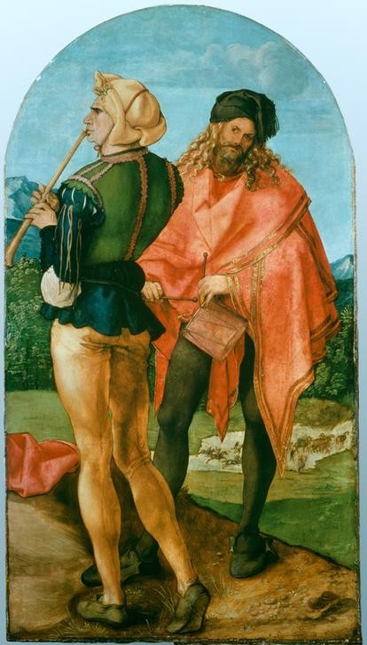 Albrecht Dürer, Pfeifer und Trommler (Deutsche Kunst,Herrenmode,Künstler,Musik,Teilansicht,Altar,Selbstbildnis,Instrument,Renaissance,Strassenmusikant,Portrait,Jabach-Altar,Musikant,Strumpfhose,Flügelaltar,Trommel,Flöte)