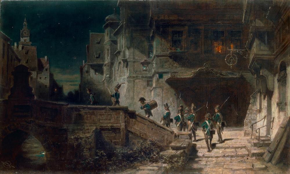 Carl Spitzweg, Die Scharwache (Deutsche Kunst,Militär,Nachtwächter,Schild (Schutz),Nacht,Kleinstadt,Patrouille,Scharwache,Pflasterstein,Nachtwache,Gewerbe,Dunkelheit)